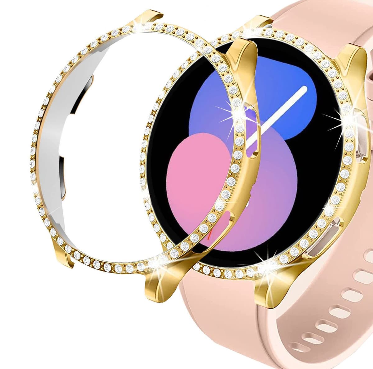 DEALELE [2-PACK] Case Compatible with Samsung Galaxy Watch 5/4 44mm, Bling Single-Row Diamond PC Protective Case Replacement Watch Cover Bumper (44mm, Gold+Transparent)