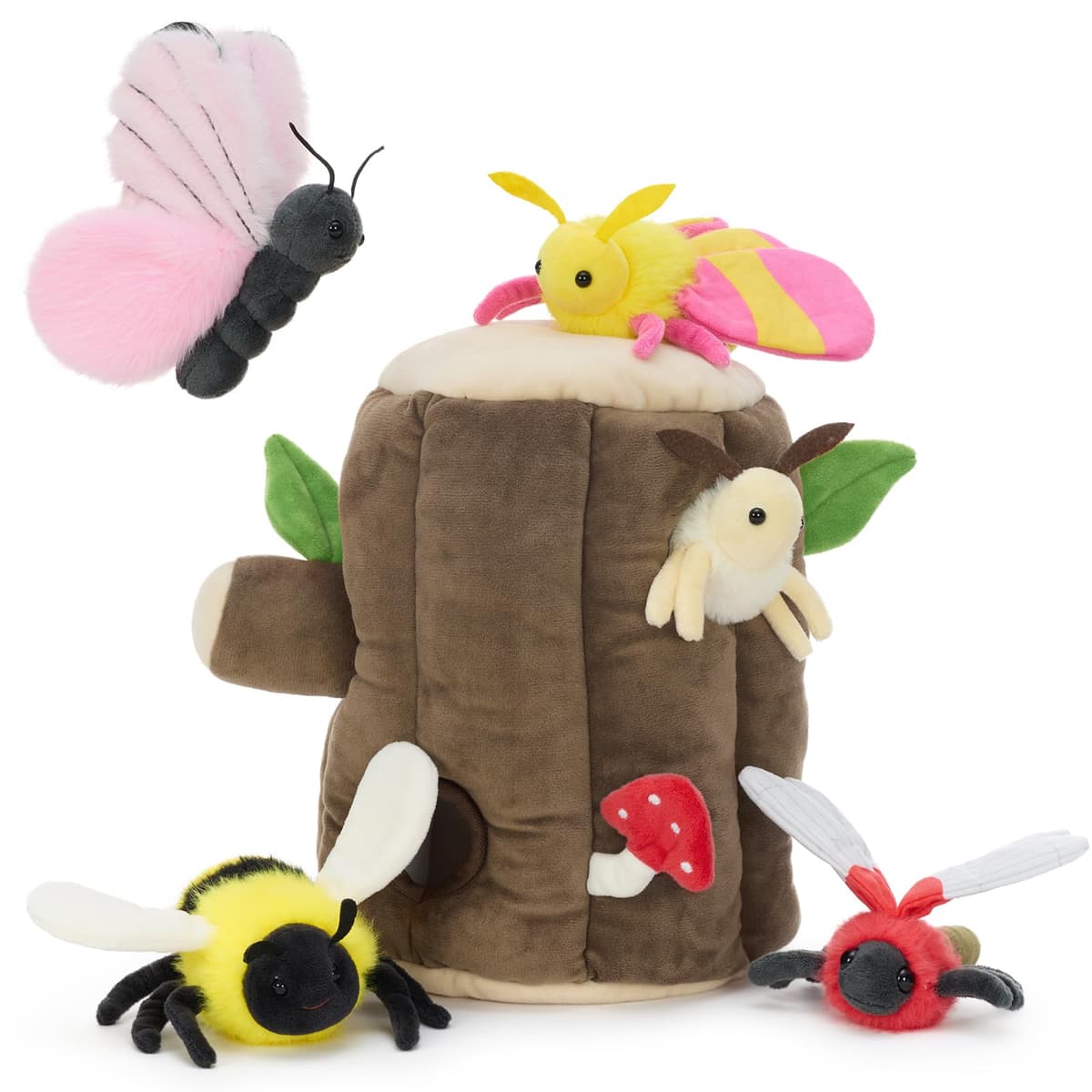 MorisMos Big Stump with Insectes Teddy Soft Toy, 25cm Cuddly Fluffy Tree stump with 5 winged small insects，Plush Stuffed Animal Teddy Gift for Kids Birthday Deco