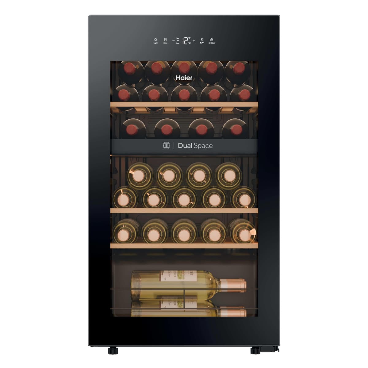 Haier Wine Bank 50 Series 5 HWS32GDG Vinoteca de 32 botellas, 2 Zonas independientes, Estantes de madera, Filtro Anti-UV, Sistema Antivibración, Display Digital, Iluminación LED, 37 dbA, Negra