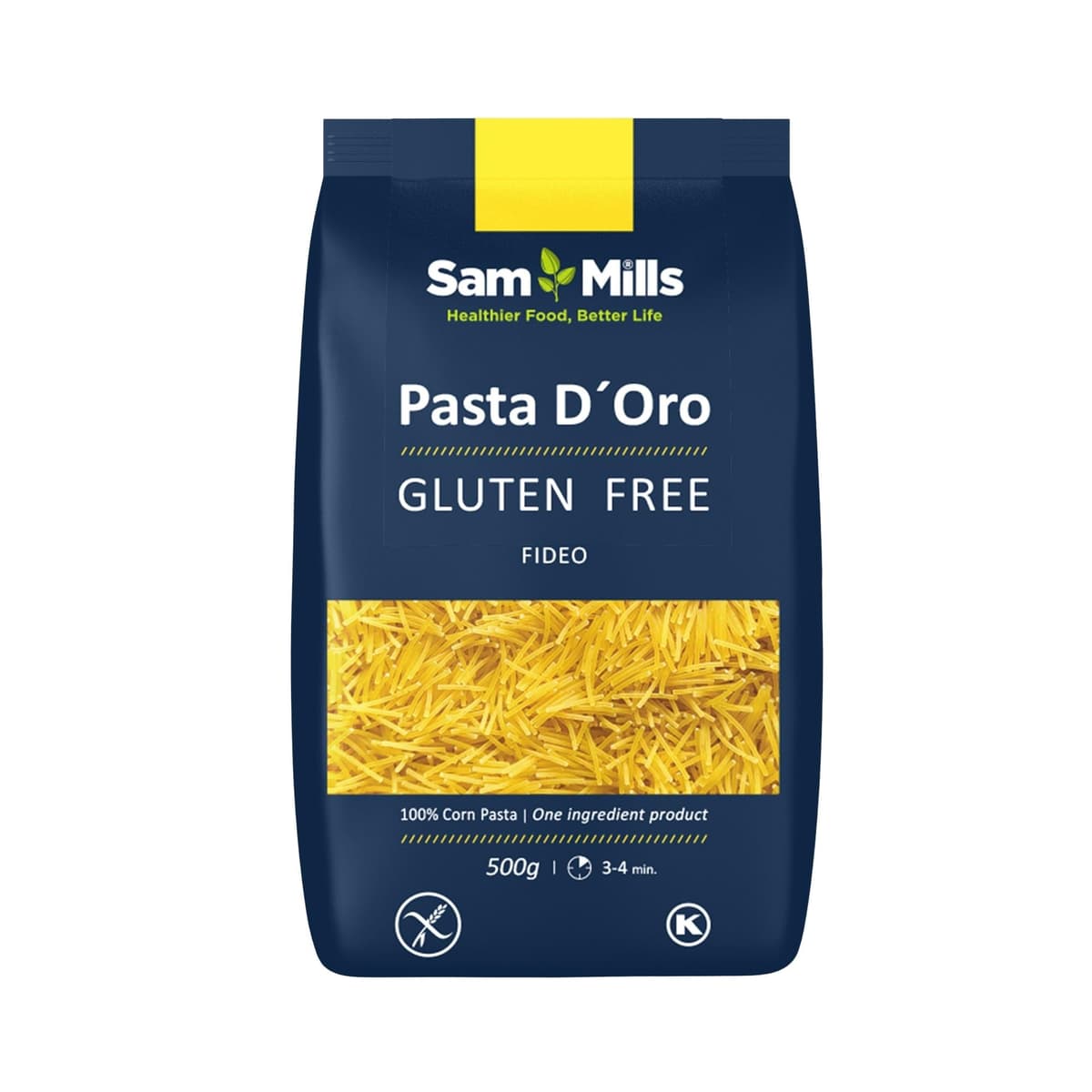 Sam Mills - Fideos Sin Gluten - 1 paquete de 500 g - 100% Harina de Maíz - Fabricado en Instalaciones Sin Gluten - Mejora el Tránsito Intestinal - Ideal para Dietas Veganas