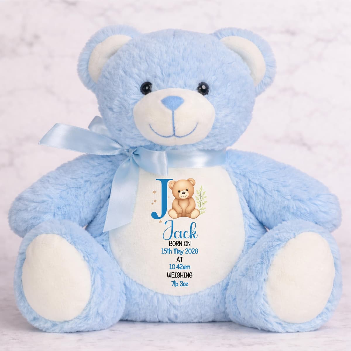 Personalised Birth Teddy Bear, Custom Baby Keepsake Bear with Name, Date of Birth, Time and Weight, Newborn Gift for Baby Boy or Girl (Blue)