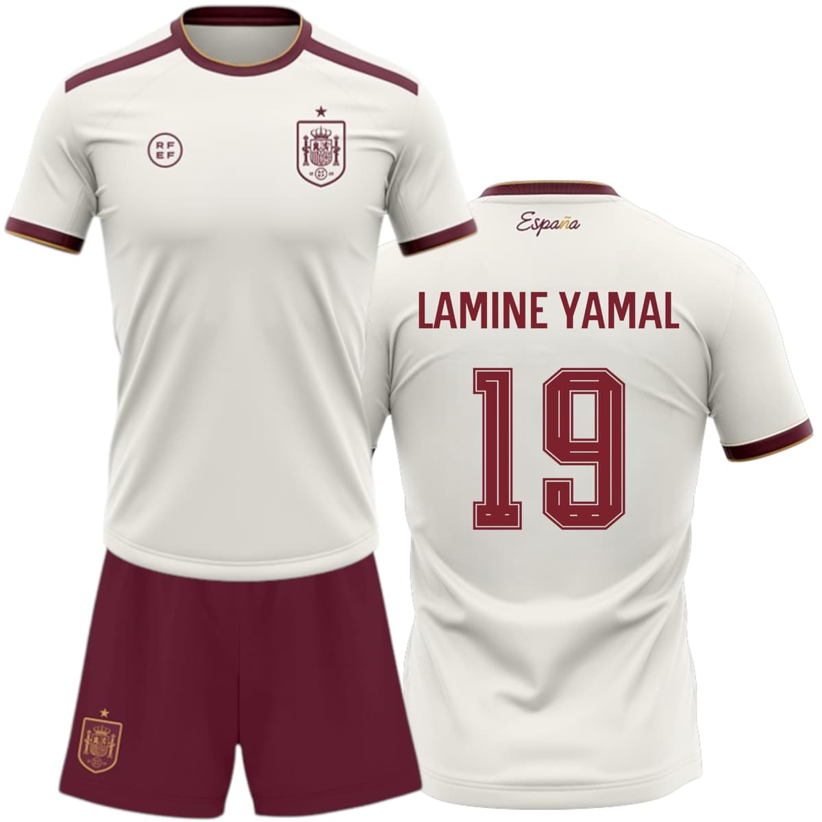 Champion's City Kit España Mundial 2026-2028 | Réplica Camiseta y pantalón | Lamine Yamal 19 | Color Blanco y Granate | Conjunto fútbol para Adulto y niño