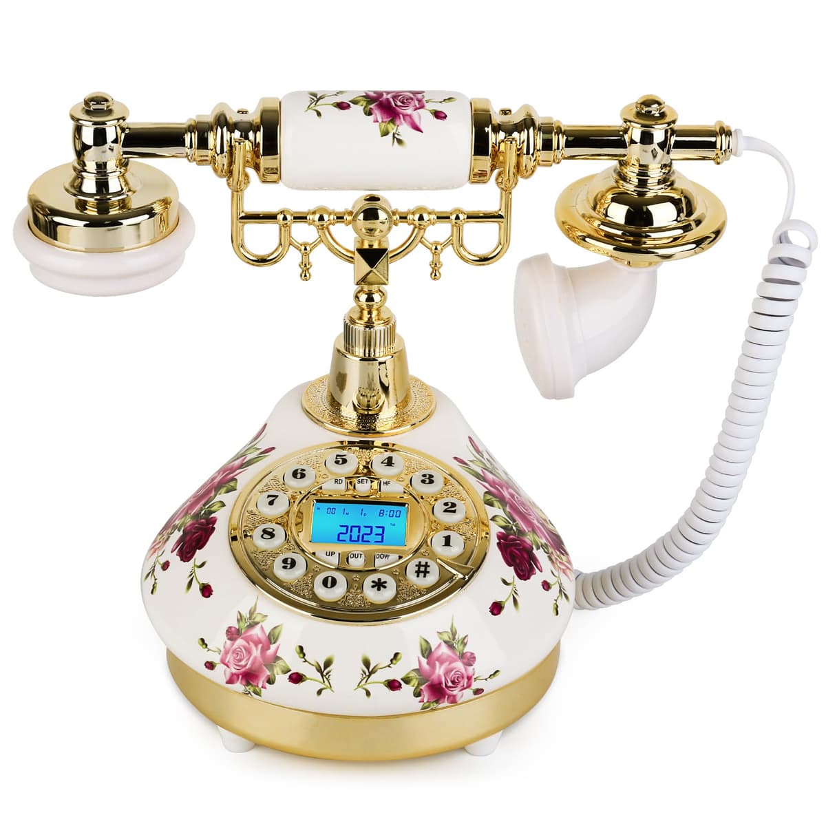 Sangyn Teléfono retro vintage antiguo con botón de presión, teléfono fijo antiguo con pantalla LCD, teléfonos con cable de cerámica para el hogar, oficina, cafetería, bar, hotel