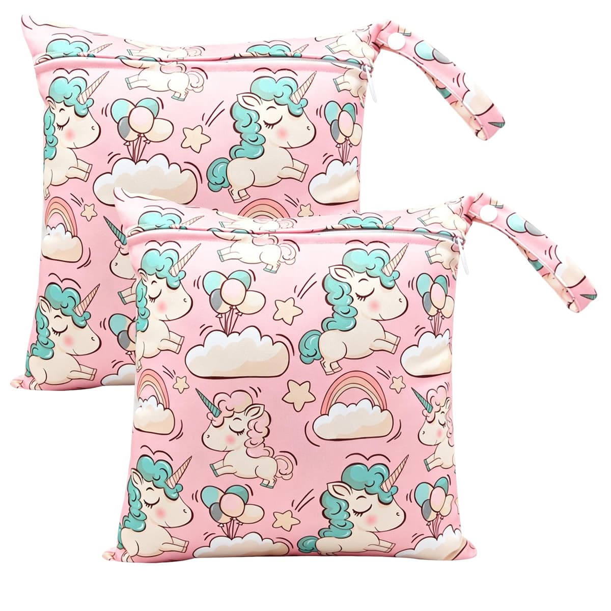 Cosiesnest 2 Packs Cartoon Print Wet Dry Bags | Waterproof Reusable Nappy & Swim Bag | Travel Laundry Bag,Single Zipper Pouch for Swimming, Beach, Nursery & Travel (12x11 inch) (B-Rainbow Horse)