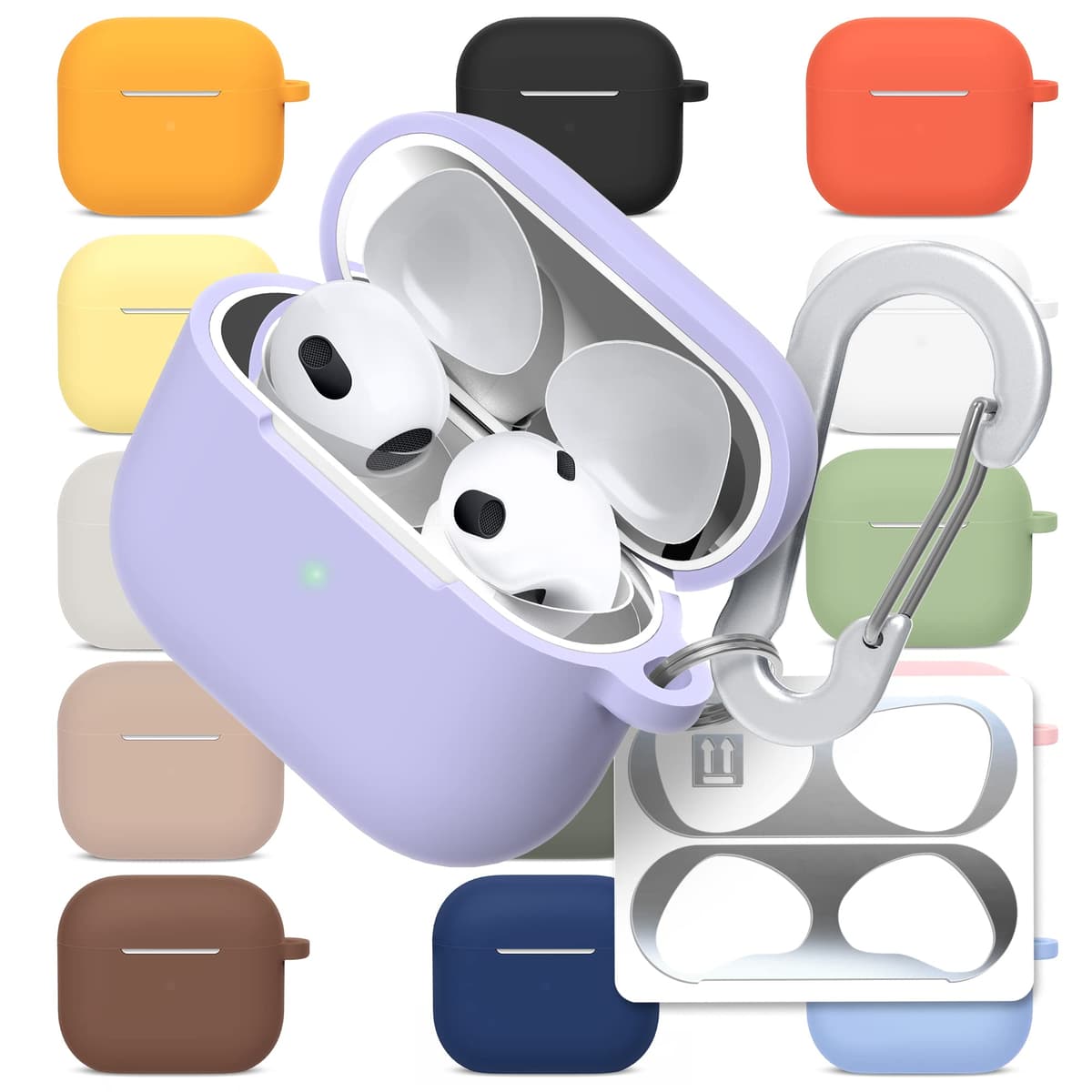 Silicone Protective Cover with Anti-Lost Carabiner Keychain and Dust Guard Set [Front LED Visible], Compatible with AirPods 4
