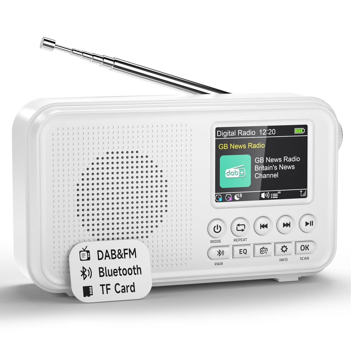 Roxicosly Portable DAB Radio, 3000mAh Rechargeable & Mains Powered Digital FM Radio with Bluetooth, 2.4" Color Display, 18H Playtime, 80 Presets, EQ, 3.5mm AUX & SD Card Slot, Dual Alarm, Sleep Timer