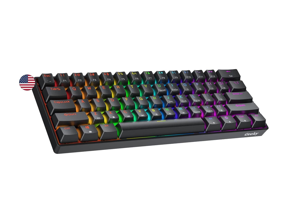 Geeky GK61 60% | Hot Swappable Mechanical Gaming Keyboard | 61 Keys Multi Color RGB LED Backlit for PC/Mac Gamer | ANSI US American Layout (Black, Mechanical Brown)