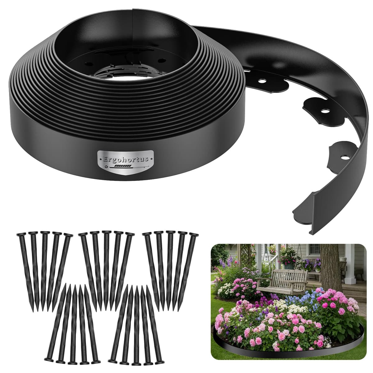 Lawn Edging, 10m Garden Edging Border with 30 Pegs, Plastic Garden Borders Edging with 4.6cm High, Flexible for Grass Edging, Flower Beds Edging, Lawns and Pathway, Black