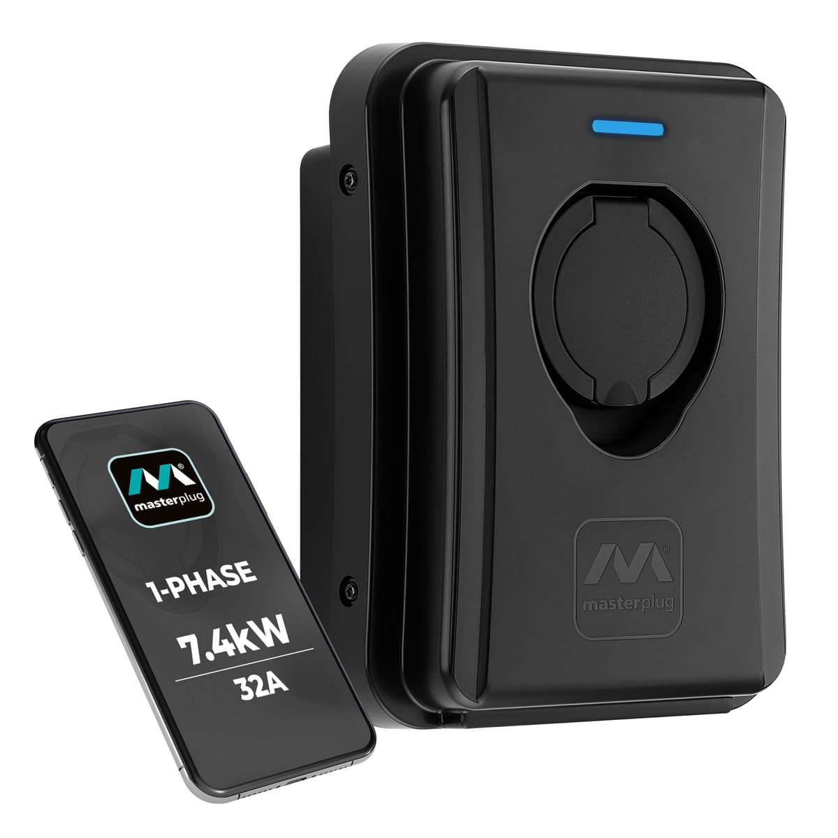 Masterplug Smart EV Home Wall Charger for Type 2 Electric and Plug-In Hybrid Vehicles, Socket Only, Mode 3, Auto-Lock, Solar Charging, Single Phase, Wi-Fi, Black, IP55, 7.4kW, 32A, EVCM3SS7B-MP
