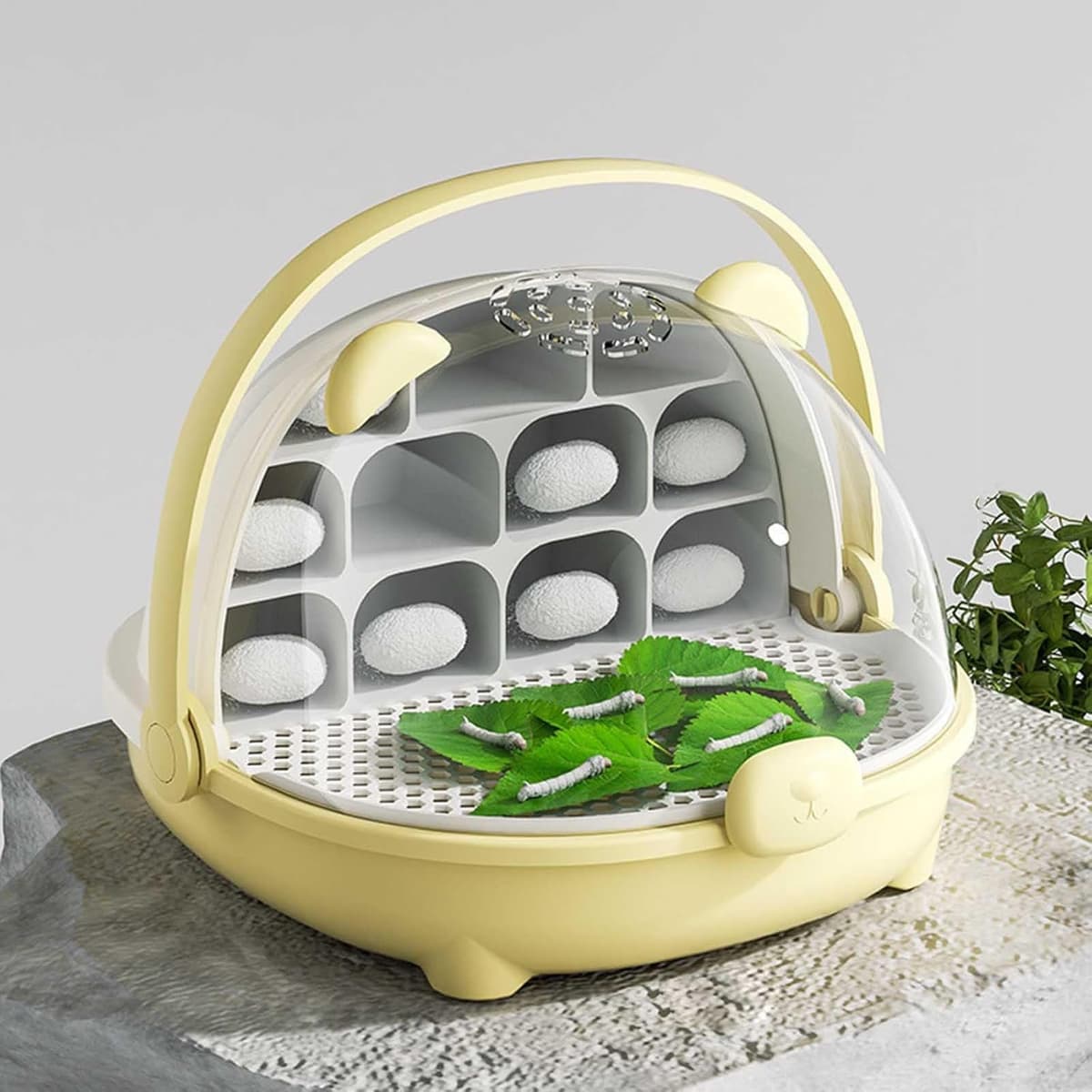 Caja de Crecimiento de Gusanos de Seda, cápsula Espacial para la cría de Gusanos de Seda, Jaula de hábitat Animal, Tanque de Reptiles, Caja de alimentación Transparente portátil con asa (Amarillo)