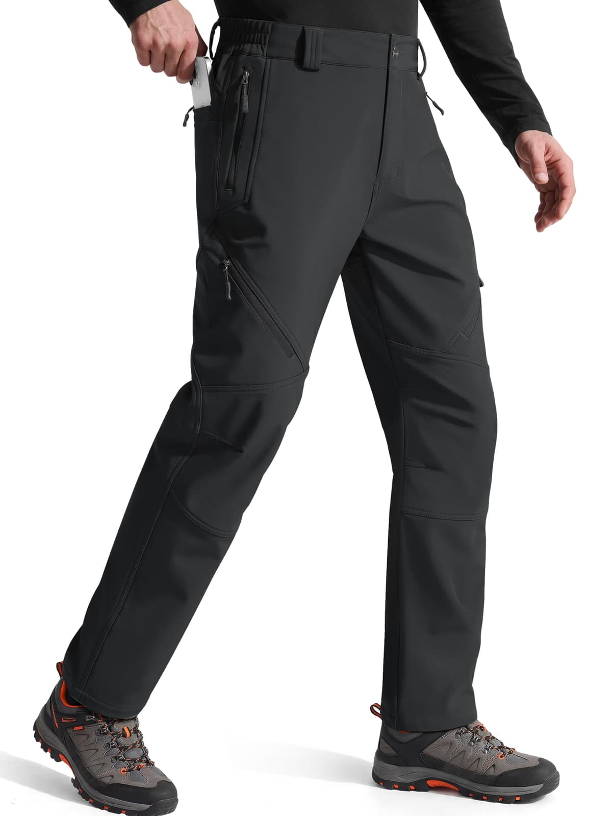 FREE SOLDIER Men's Fleece Lined Outdoor Cargo Hiking Pants Water Repellent Softshell Snow Ski Pants with Zipper Pockets