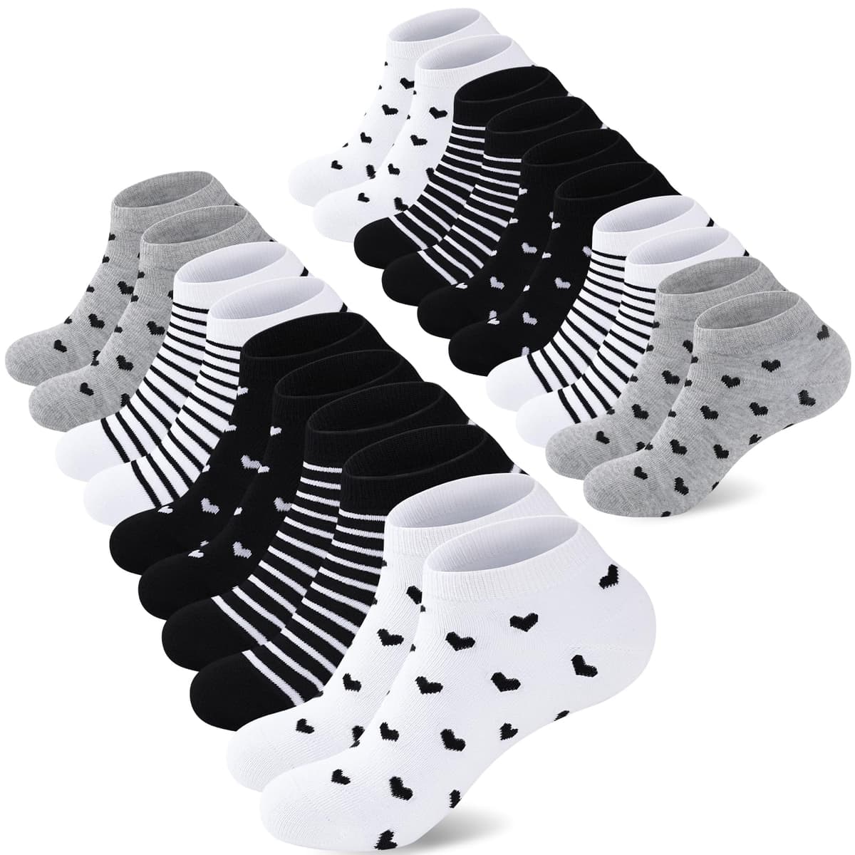 SukModen 10/20 Pares de Calcetines para Mujer Deportivos, Cortos y Transpirables de Algodón, Diseños Multicolores con Rayas, Corazones y Lunares