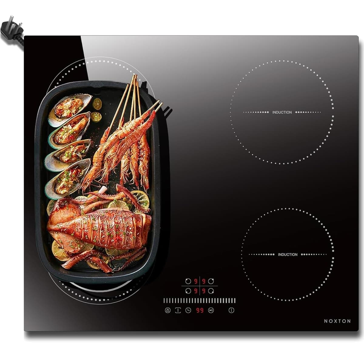 NOXTON Plug in Induction Hob 60 cm Flex Zones with 13AMP Plug, Induction Hob 4 Ring Built-in Slide Control, Timer, Pause Function, Safe lock, 2800W, 220V-240V
