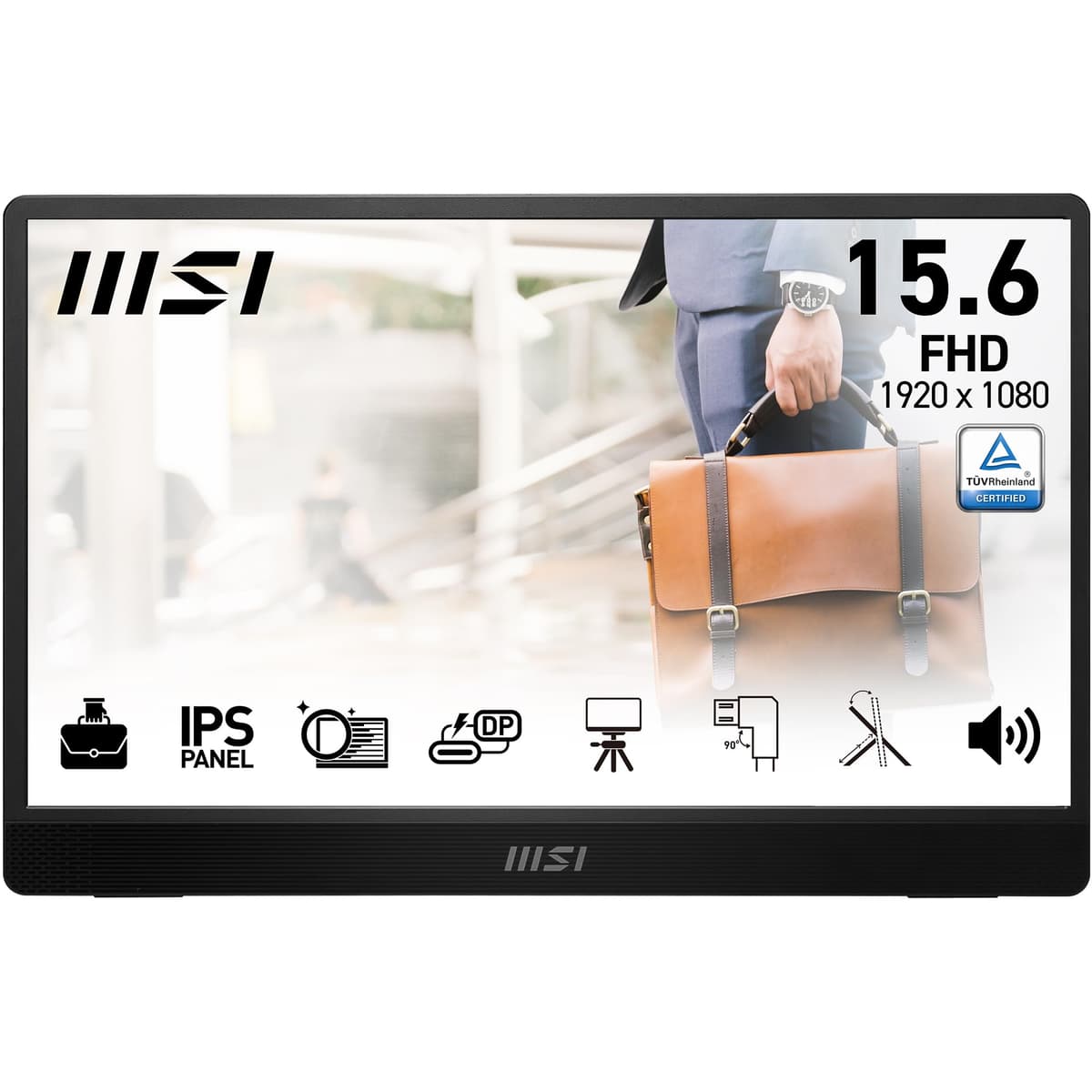 MSI Pro MP161 E2U Monitor portátil Full HD de 15,6", Panel IPS 1920 x 1080, 60 Hz, Pantalla Agradable a la Vista (PC, portátil, móvil), Altavoces, chasis y Soporte, Mini-HDMI 2.0b, 2 x USB Type-C