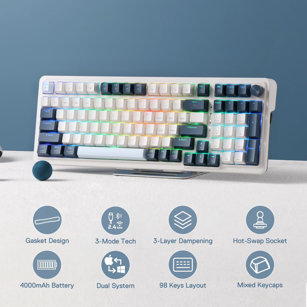 Redragon K686 PRO 98 Keys Wireless Gasket RGB Gaming Keyboard, 3-Mode Win/Mac Mechanical Keyboard w/5-Layer Noise Dampening, Dedicated Knob Control & Hot-Swap in Linear Red Switch, Blue Himmel Color — view 2