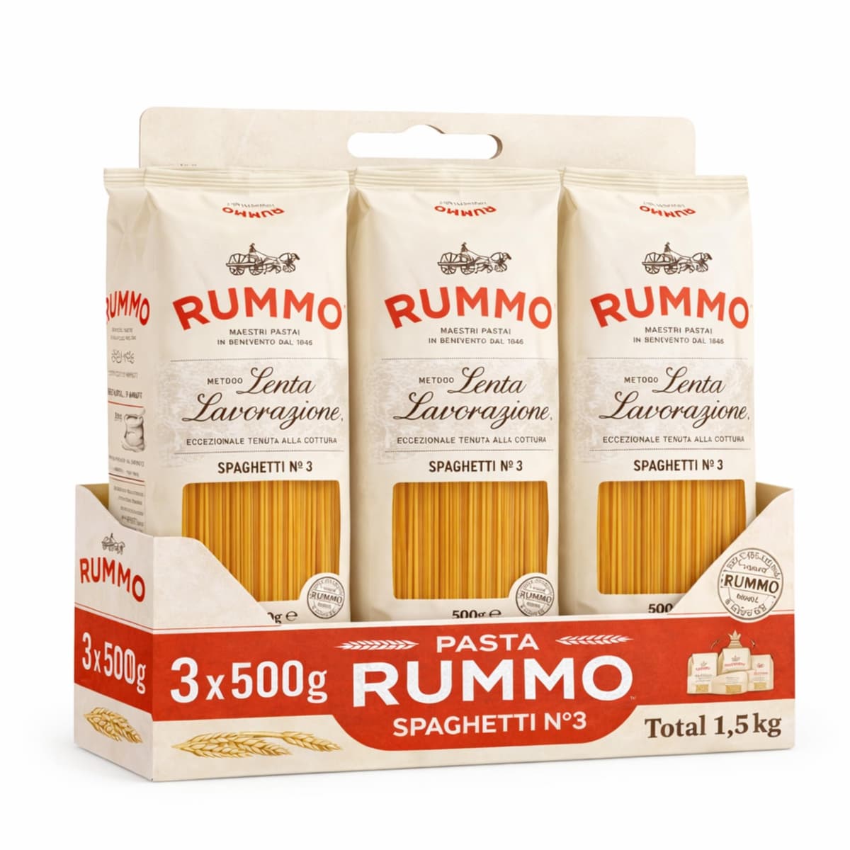 Spaghetti Rummo Nº3, Pasta Italiana, Pasta alimenticia de sémola de trigo duro, Contiene gluten, Puede contener trazas de soja, 3 Paquetes de 500 gr