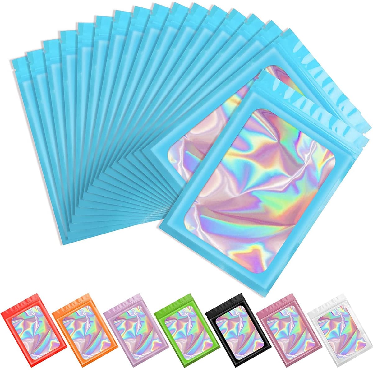 100 PCS Smell Proof Mylar Bags Holographic Packaging Bags, Resealable Odor Proof Bag, Mothers Day Gifts (Blue, 3 * 4.7inch)