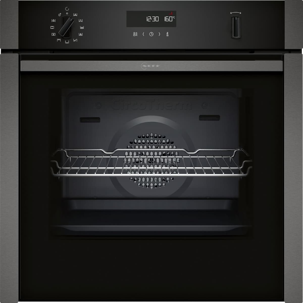 NEFF, N50, B6ACH7AG7B, 60cm Built-in Single Oven with Hide®, Home Connect, Pyrolytic Self-Cleaning with Easy Clean, CircoTherm, and LCD display in Graphite-Grey