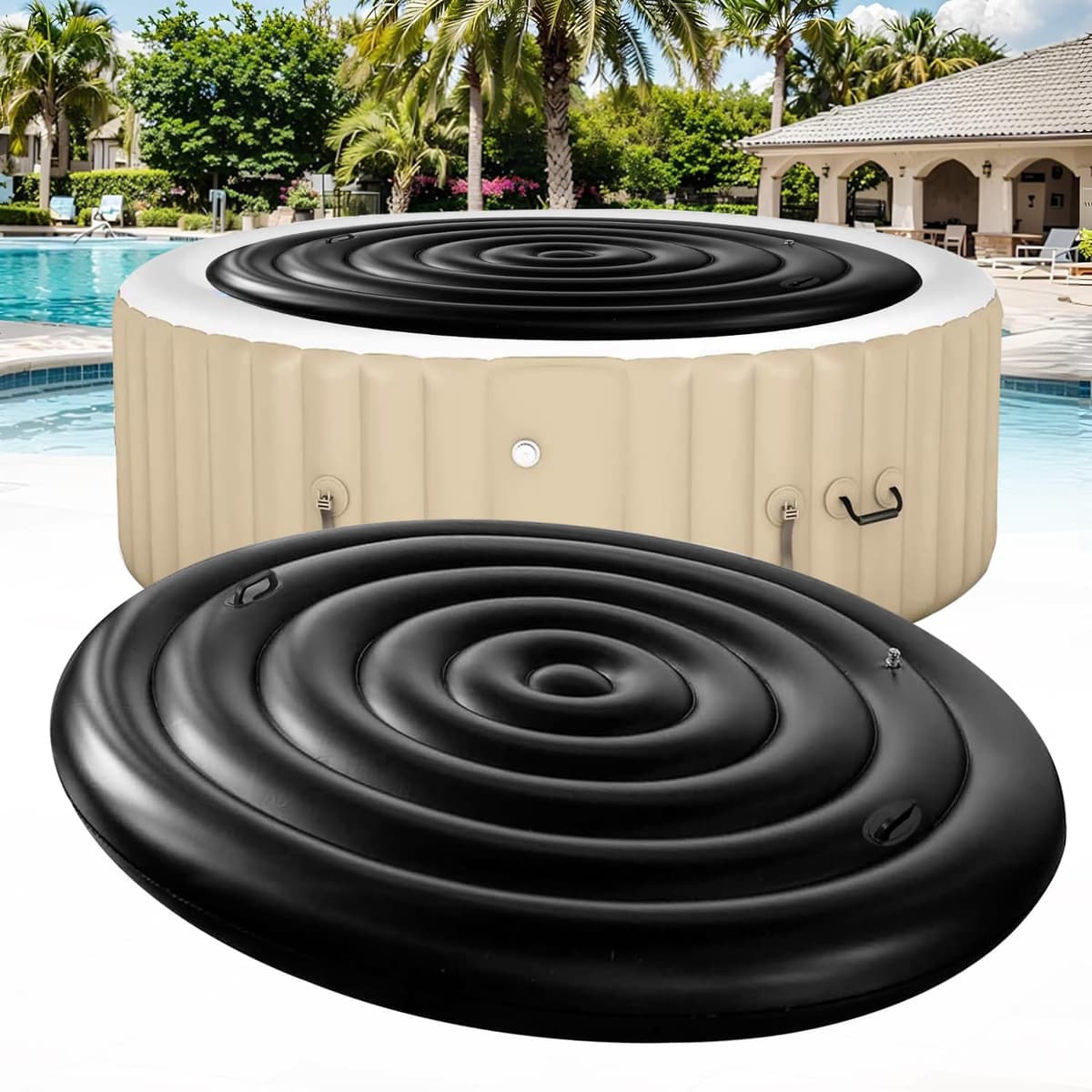 KEAGAN 5.4FT/165CM Inflatable Hot Tub Cover, Energy Saving Lid for Round Hot Tub, Outdoor Inflatable Hot Tub, with Handle, Foldable Protective Rain Overflow Cover for Inflatable Outdoor Hot Tubs