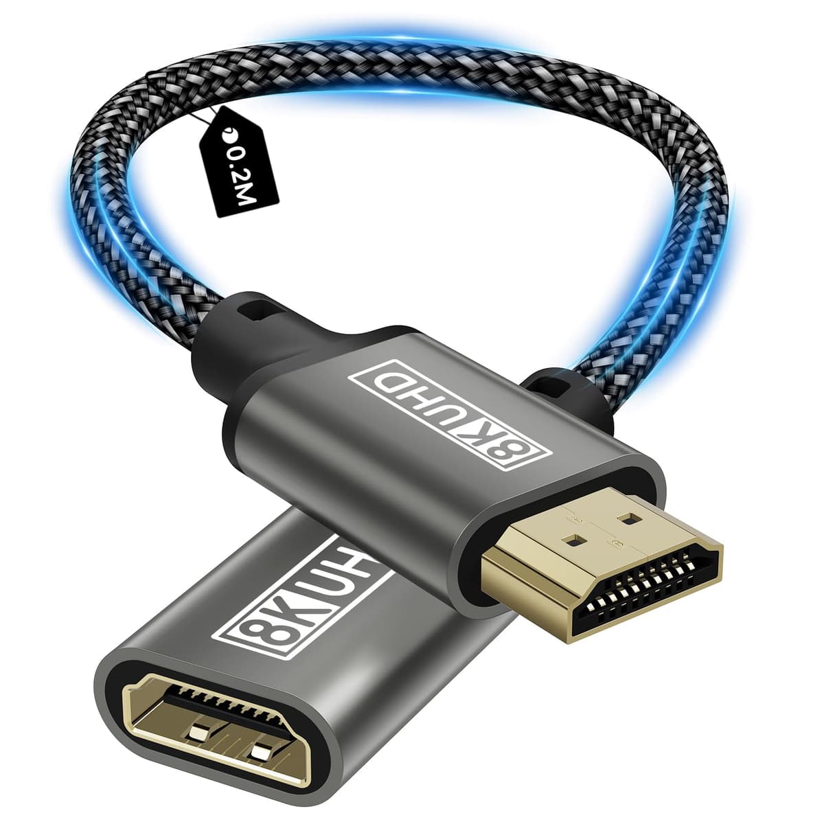 HDMI Extension Cable, 8K Male to Female HDMI Extender Cable 48Gbps Ultra High Speed UHD HDR ARC 3D Compatible with TV Stick, Roku, Blu-Ray, Xbox, PS5, HDTV, Laptop-0.2m
