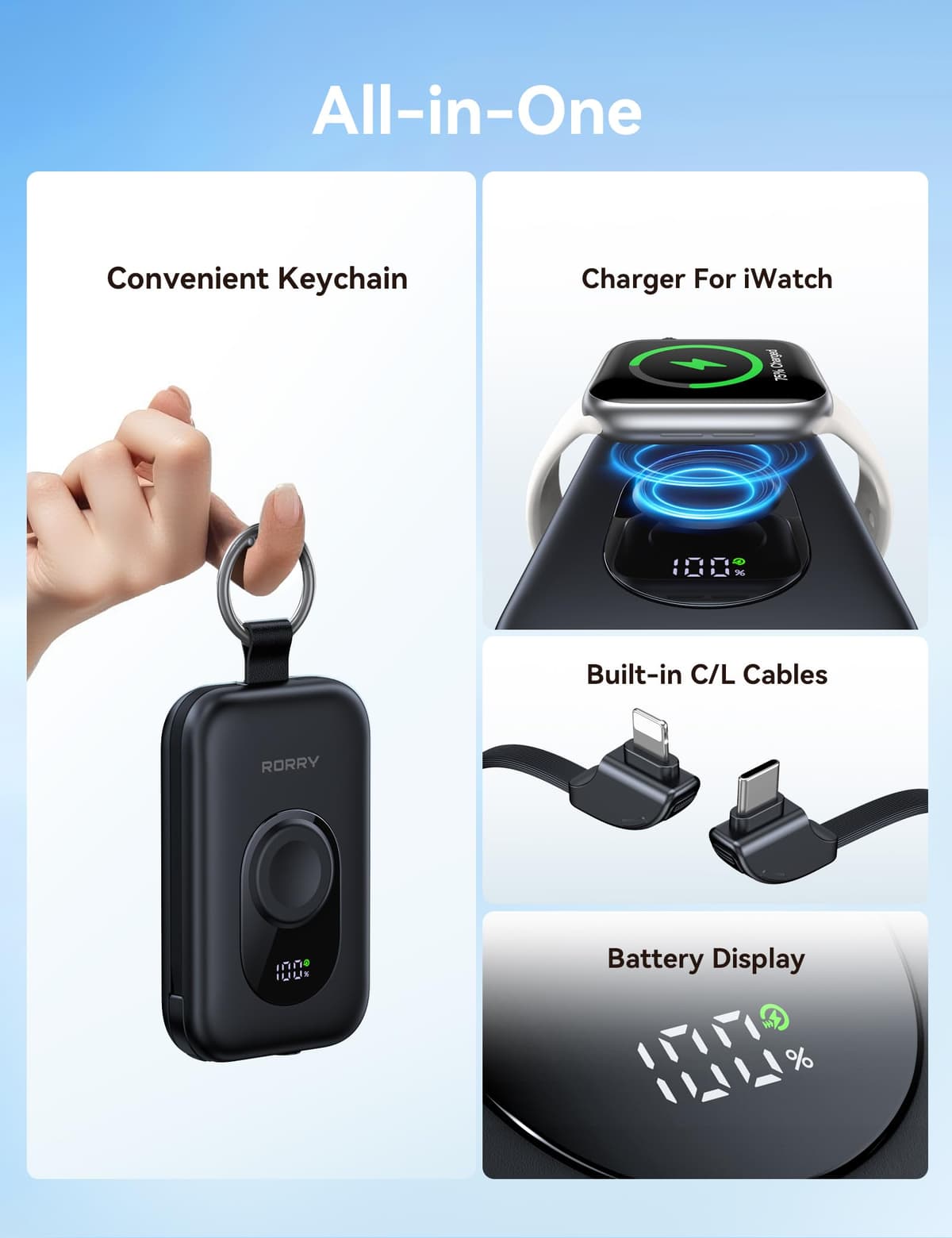 RORRY Portable Charger, 20000mAh PD 30W Portable Charger Power Bank with 2 Built-in Cables, Super Fast Charging Battery Pack with Keychain, Travel Essentials for iPhone, Apple Watch, iPad, Green — view 2