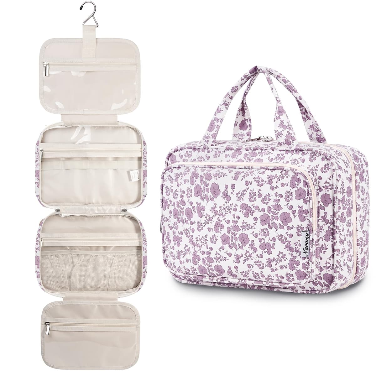 Narwey Hanging Travel Toiletry Bag for Women Wash Bag Cosmetics Makeup Bag Organizer for Travel Size Accessories (Little Dusty Pink Flower (Medium))