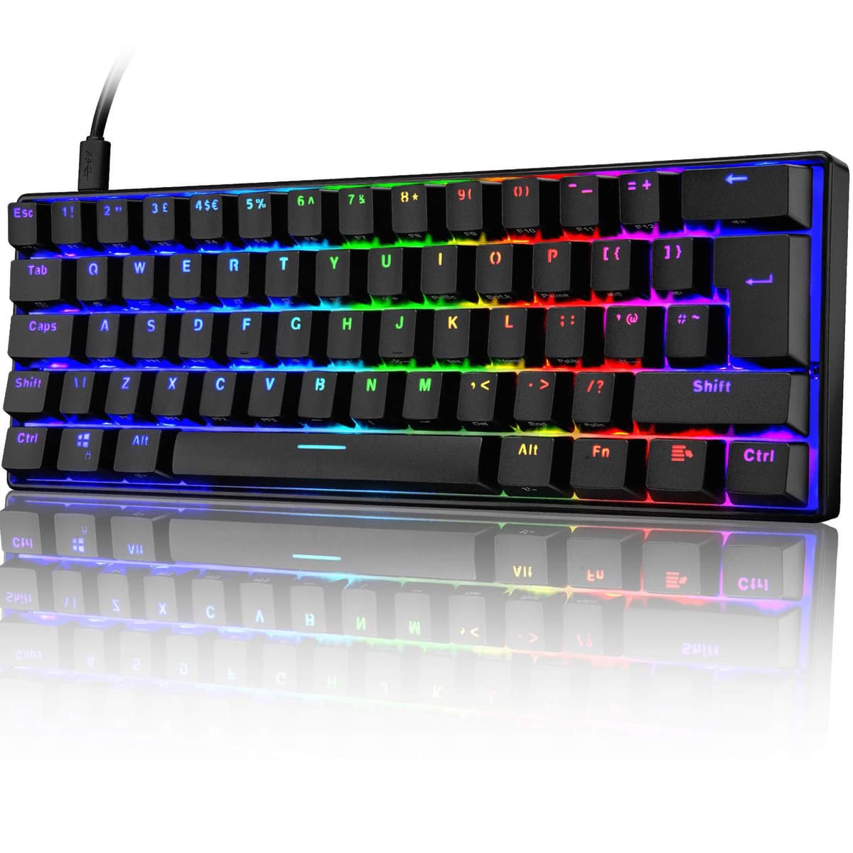 UrChoiceLtd UK61 60% Teclado mecánico para Juegos Tipo C Cableado 61 Teclas Retroiluminación LED Teclado Impermeable USB Retroiluminación RGB Teclas Anti-Fantasma para computadora/PC/Laptop/Mac