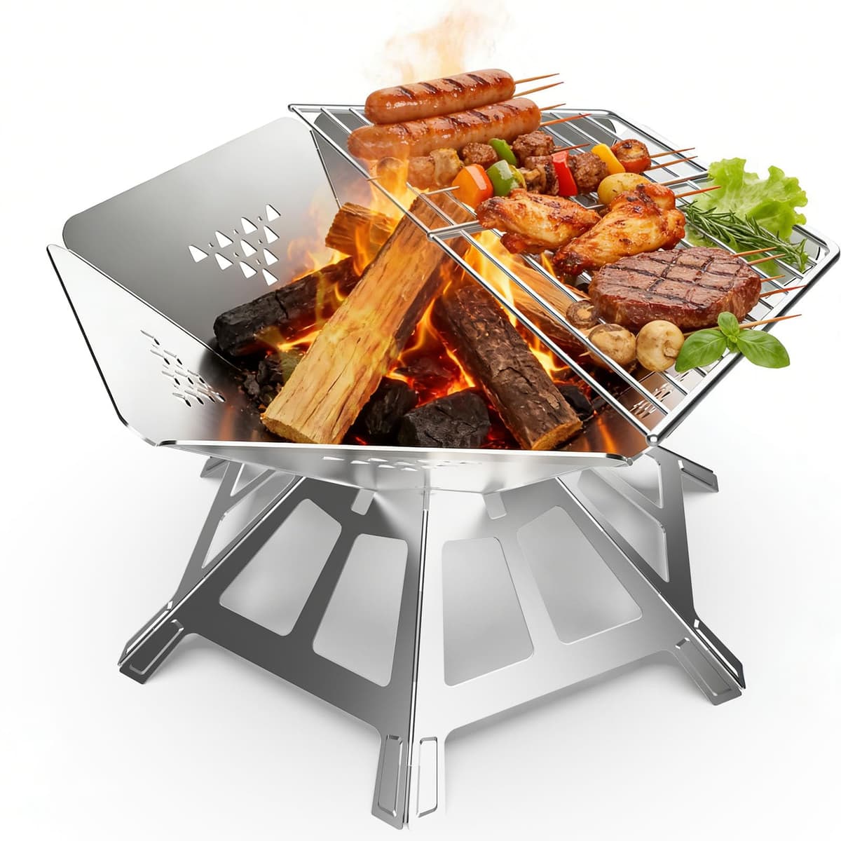 Portable Fire Pit for Garden BBQ Camping Essentials Equipment,Collapsible 304 Stainless Steel Bbq Camping Stove Grill Firepits for Outdoors Picnic Terrace Camping Campfire Bonfire BBQ Barbecue PatioXL