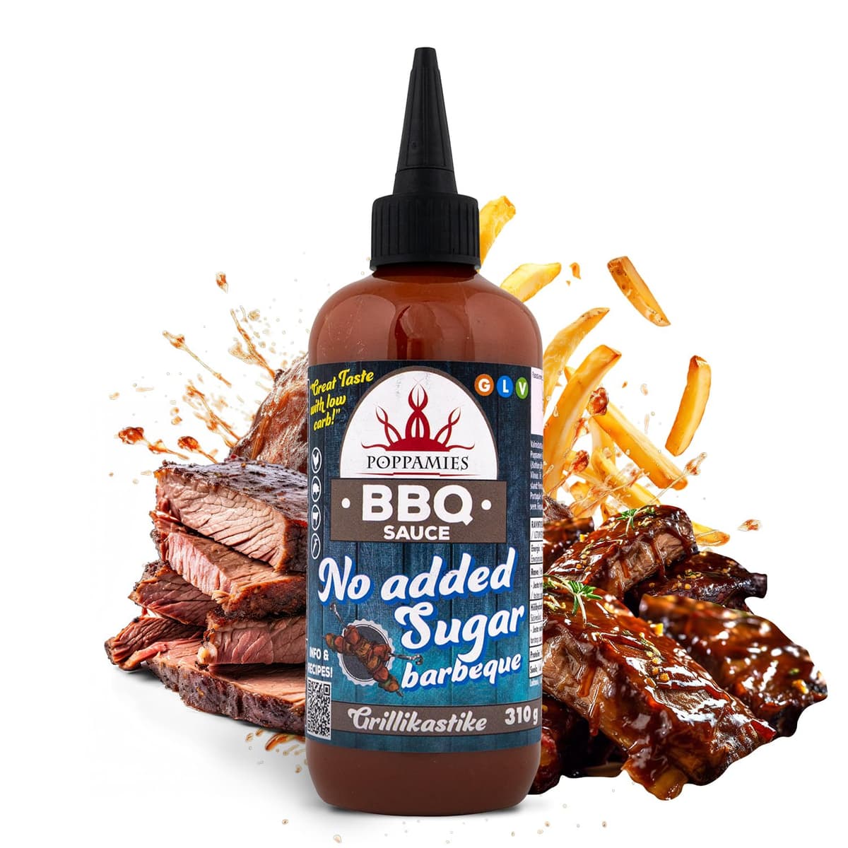 Salsa BBQ Poppamies Sin Azúcares Añadidos – Sabor Ahumado e Intenso Bajo en Carbohidratos – Sin Gluten, Sin Lactosa, Vegana – 310g