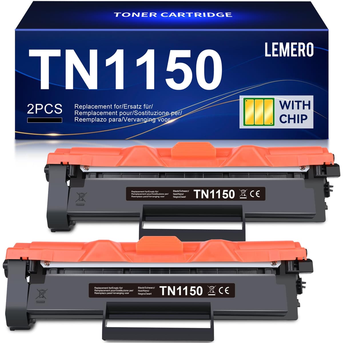 Lemero TN1150 Tóner Compatible con Brother HL-L1240W DCP-L1640W DCP-L1660W – Recambio para TN-1150 Negro con Chip – 2X 1000 Páginas (2000 Totales) Pack de 2
