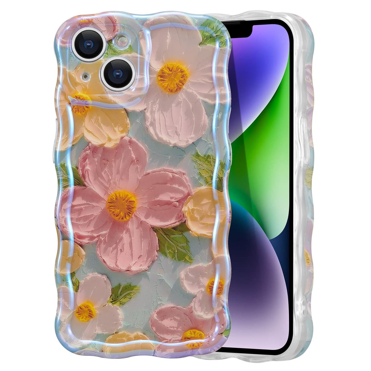 EYZUTAK Case for iPhone 15, Colorful Retro Oil Painting Flower Laser Beam Glossy Pattern Cute Curly Waves Border Exquisite Phone Cover Stylish Durable Soft TPU Protective Case for Girls Women - Green