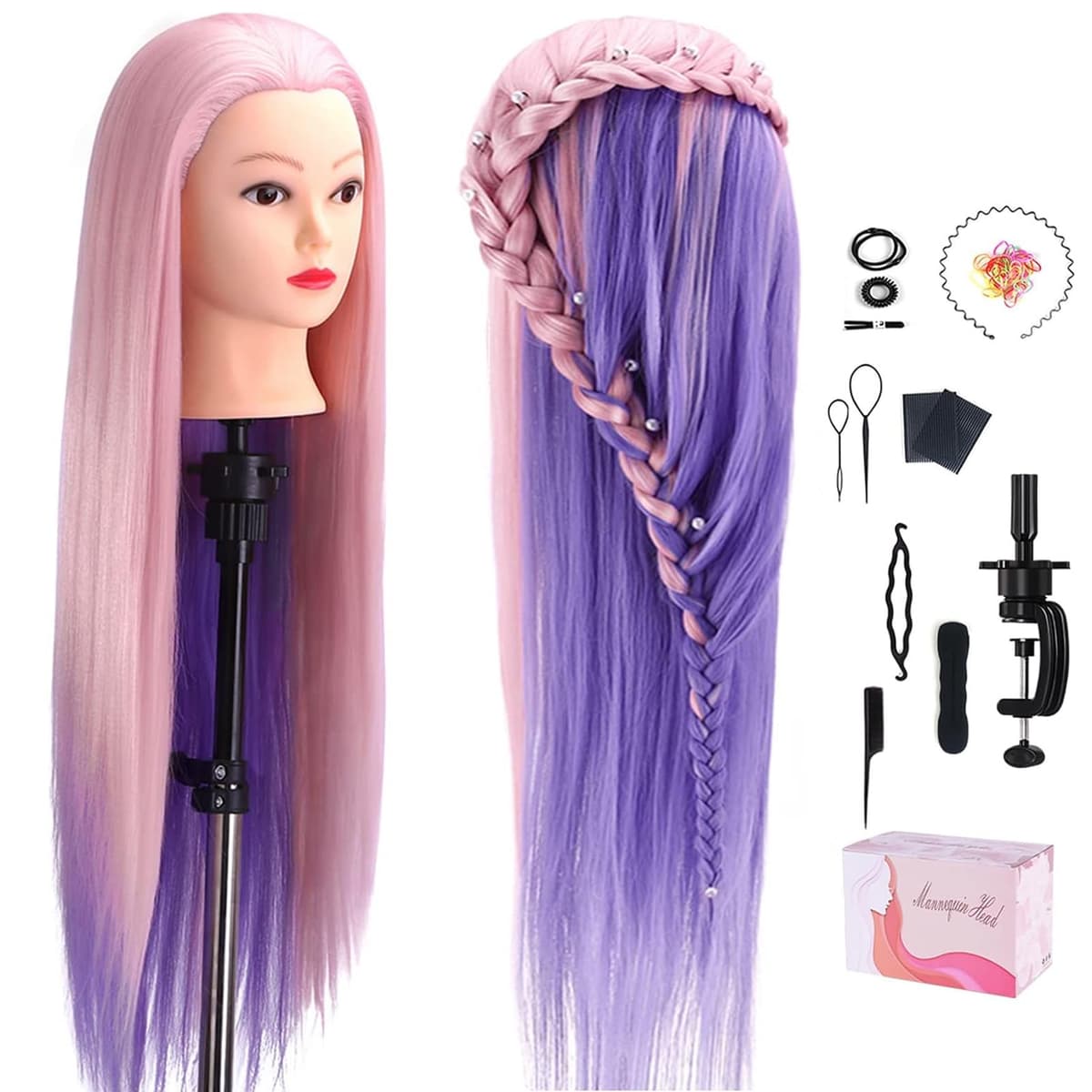 Cabeza de Maniquí de Peluquería, TopDirect 29"/75cm Cabeza Maniquí 100% de Cabello Sintética Cabeza de Muñeca para Peinar y Maquillar Practicas Formación con Soporte de Mesa y Accesorios(Rosa Violeta)