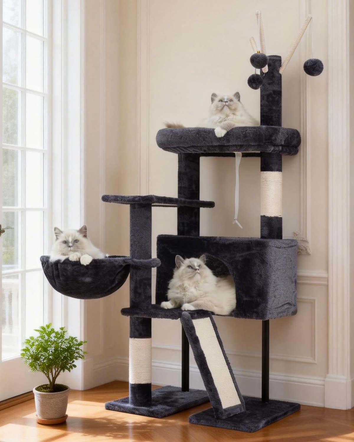 Gitelsnour Rascador para Gatos de Interior, Árbol para Gatos para Gatitos, con Postes, Plataforma Superior Desmontable, Pompones, Cuevas, Cestas, Gris Ahumado GCT006SG