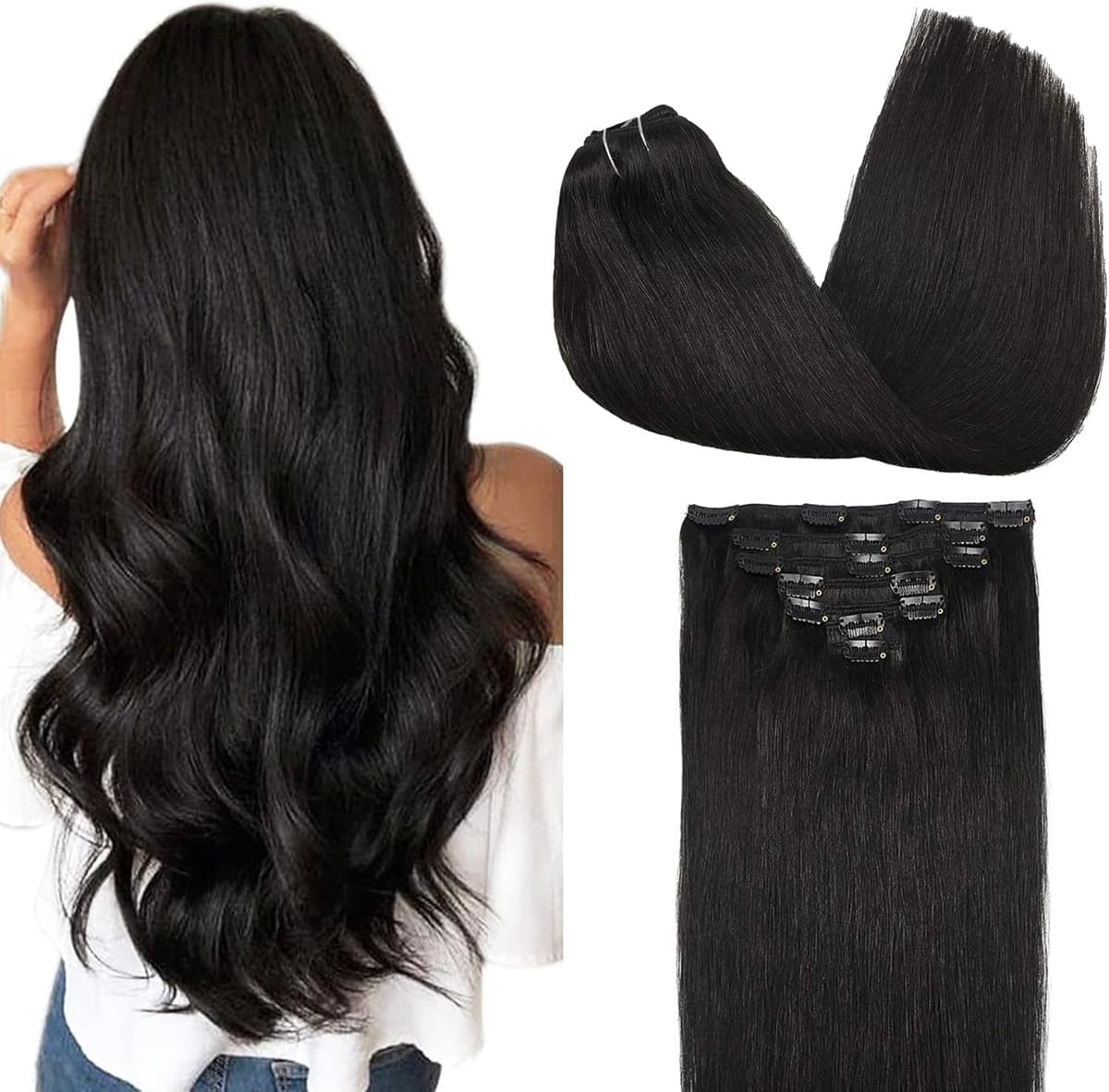 GOO GOO Clip in Human Hair Extensions, 20inch 120g 7pcs, Hair Extensions Clip in, 1B Black