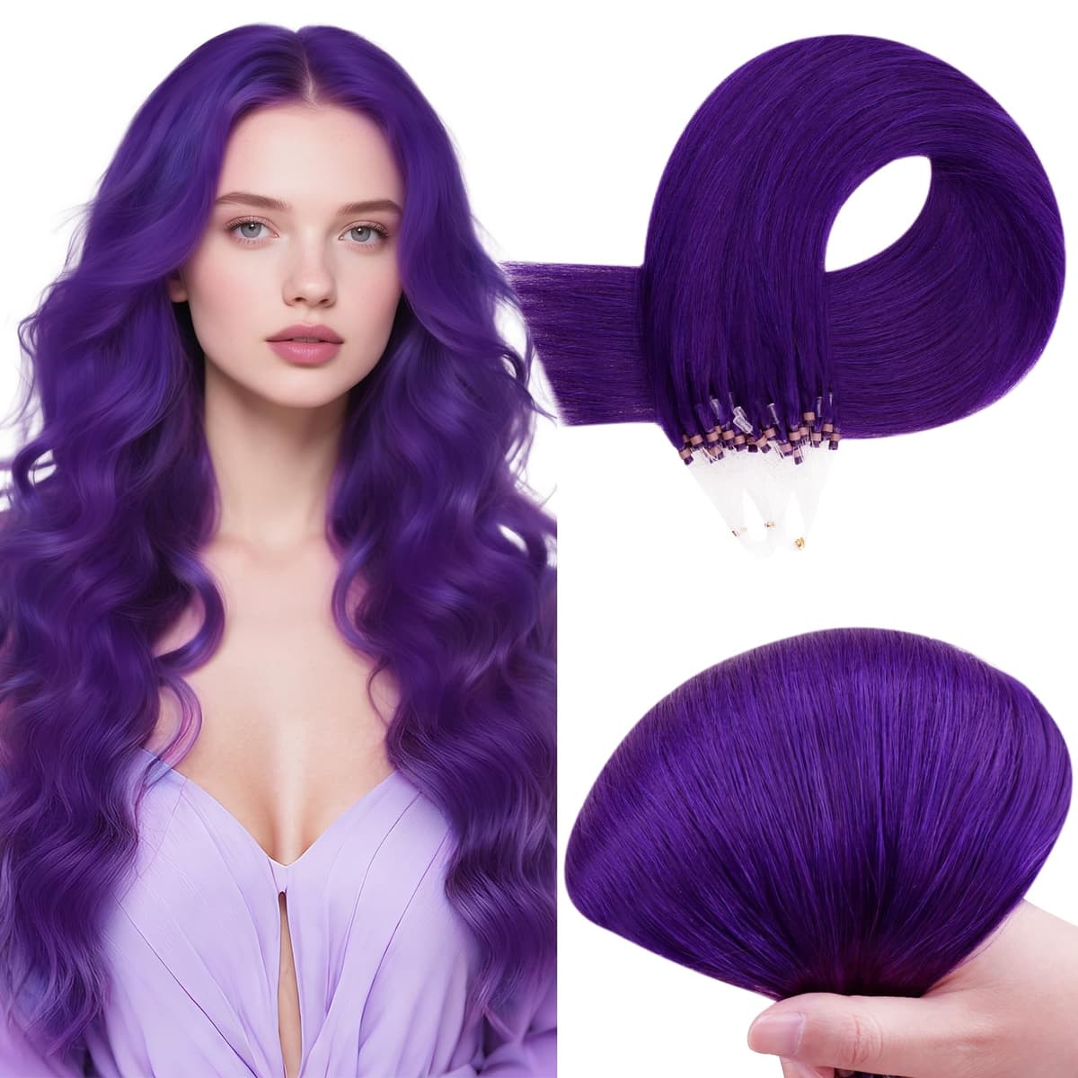RUNATURE Micro Beads Hair Extensions Real Hair Purple Remy Micro Ring Hair Extensions Invisible Remy Straight Micro Hair 14 Inch 25g/25strands #Purple