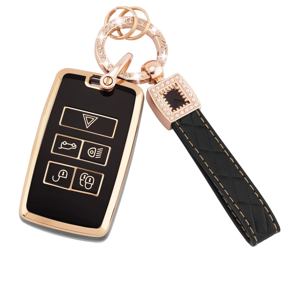 Car Key Cover - 5 Button Fob Case for Discovery Sport, Defender, Range Rover Evoque, Velar, Jaguar XE, XF, XJ - TPU Protection with Leather Keychain - Shell Black Gold