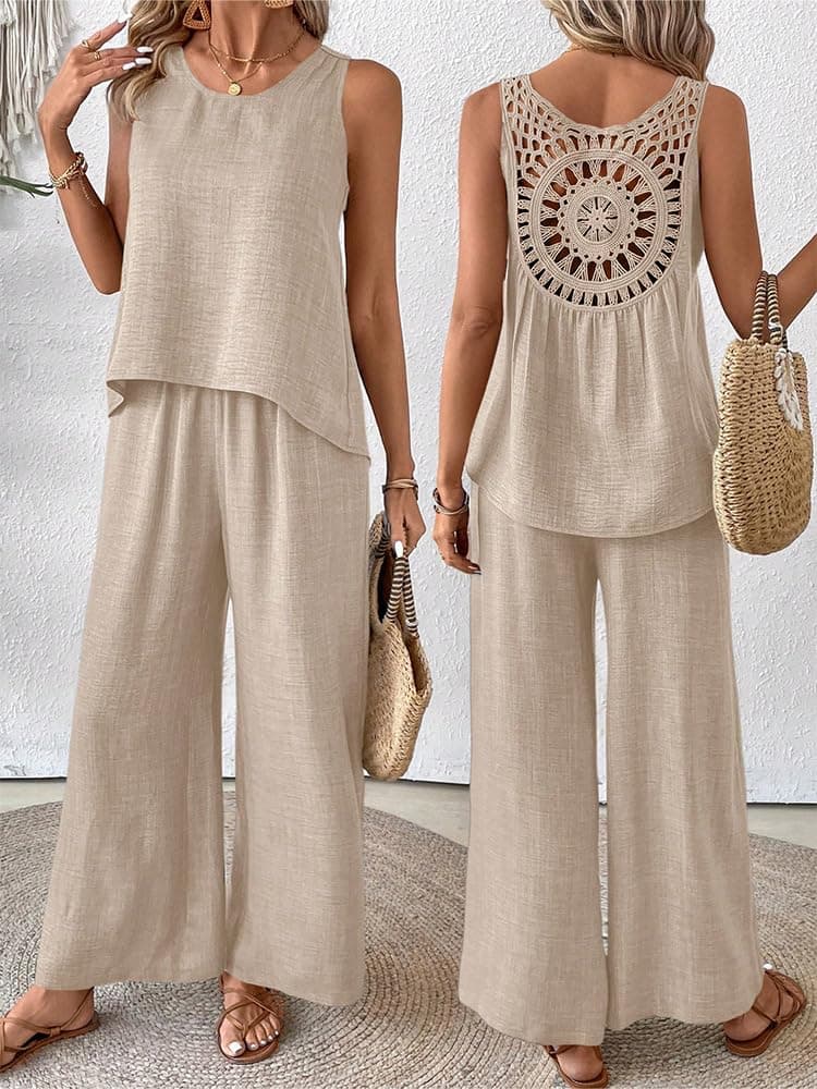Conjunto de 2 piezas para mujer, camiseta sin mangas y pantalones de pierna ancha, pantalones palazzo de cintura alta