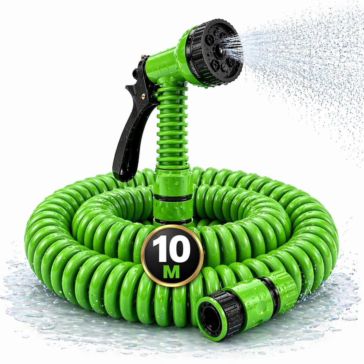 Manguera Extensible Jardín 10m con Pistola 7 Modos – Antienredos, Ligera y Compacta – Conectores Anti-Fugas – Ideal para Terraza, Balcón, Patio y Lavado de Coche