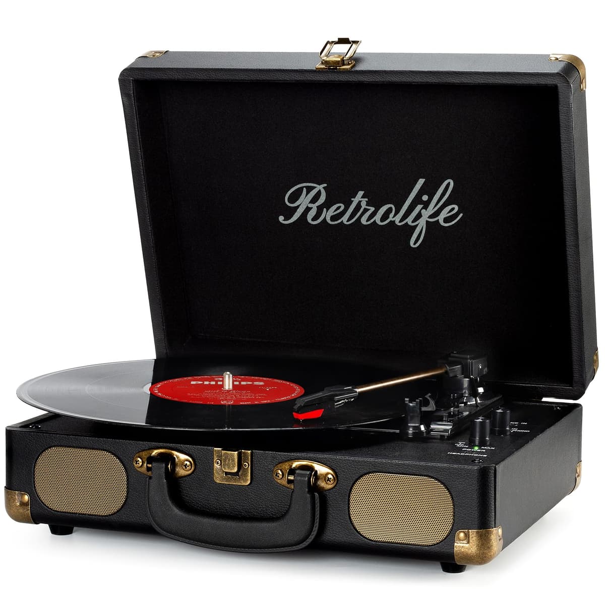Tocadiscos de Vinilo Portátil con Correa de 3 Velocidades 33/45/78 RPM Bluetooth con Altavoces Incorporados Salida de Línea RCA Entrada AUX para Auriculares Tocadiscos Vintage