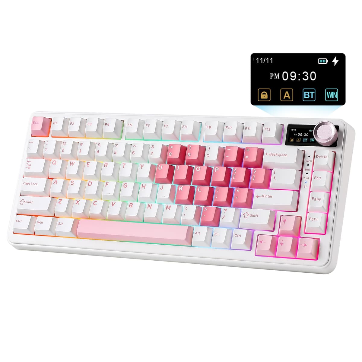 YUNZII B75 Pro MAX Teclado Mecánico Inalámbrico, Diseño 75% con Pantalla TFT y Control Giratorio, Hot Swap, QMK/Via, RGB, BT/USB-C/2,4G para Win/Mac (Corazón Blanco, Milk V2 Switch)