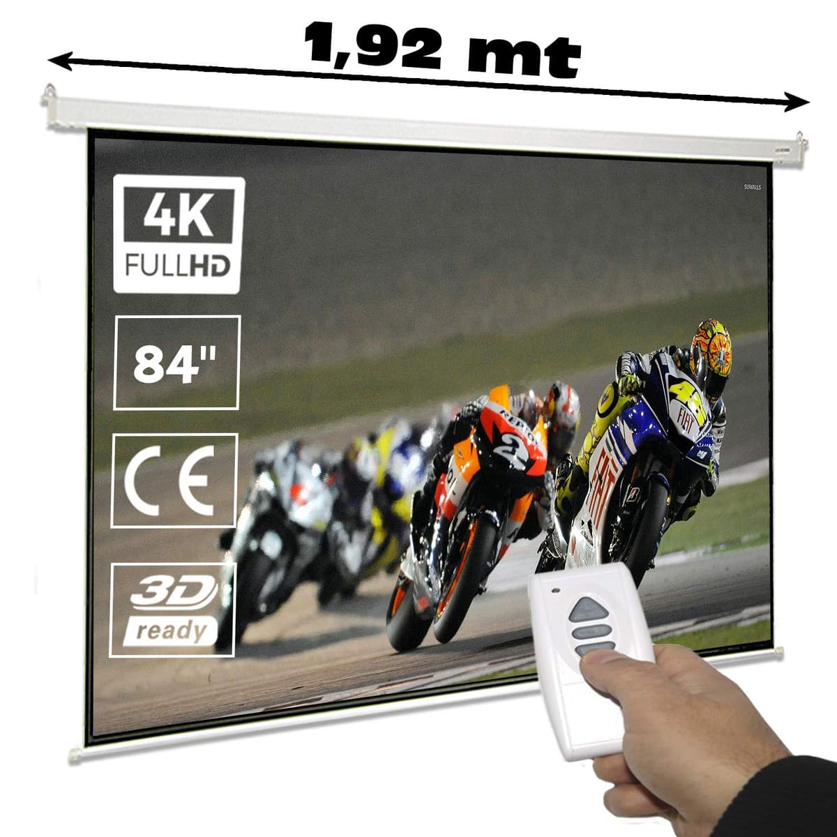 Pantalla de proyeccion electrica 84" para proyector, cajetin de Acero Lacado en Blanco, Pantalla para proyector electrica con Mando inalambrico, Auto Enrollable, Compatible con 4K (84 Pulgadas 4:3)