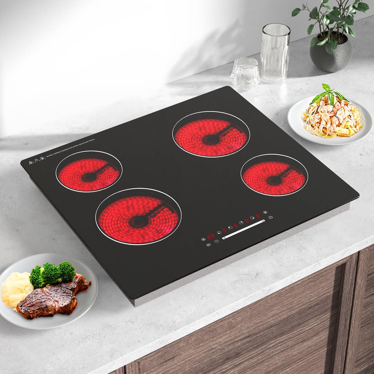 60cm Electric Ceramic Cooktop 4 Zones, 6000W Built-in Glass Ceramic Hob, Slider Touch Control, Single Ring Cooking Zones,No Plug 560×490mm