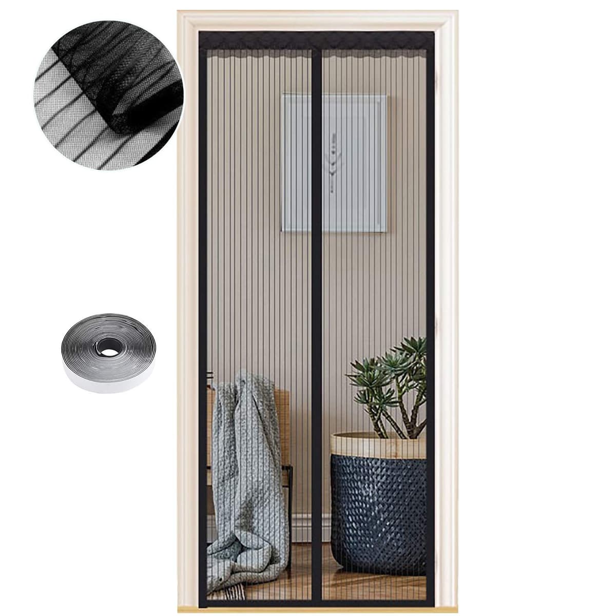 Mosquitera Puerta Magnetica 105 x 205 cm, Varios Tallas, Cortina Mosquitera Puerta Exterior, Cierre automático, No Requiere Herramientas, Fácil de Instalar, Rayas Negras