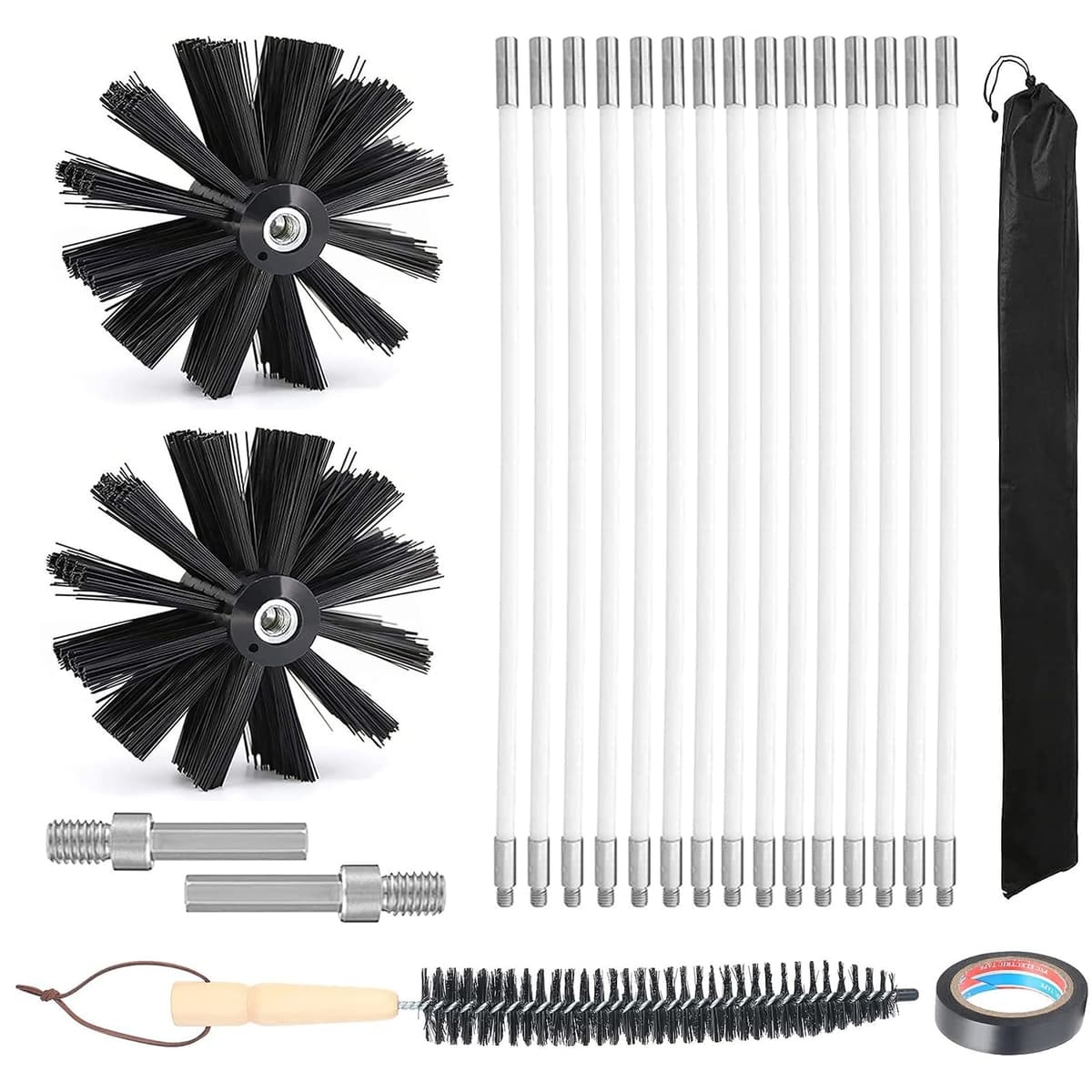 Cepillo De Chimenea Kit, Cepillo Limpieza Chimenea con 15 Varillas 2 Cabezales Cepillo Kit Deshollinador,Diámetro 200 mm,para Chimenea Secadora alcantarillado Campana de Humos