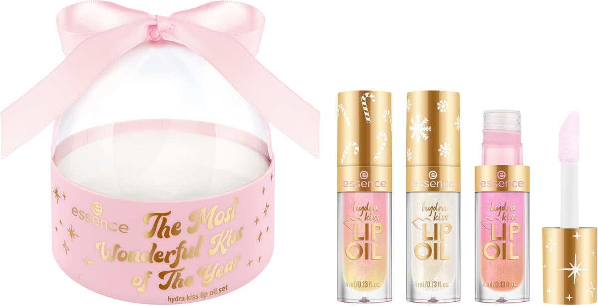 essence the most wonderful kiss of the year hydra kiss LIP OIL set 01 Wish for a Kiss, set de aceite labial de tres tonos limitados, acabado brillante