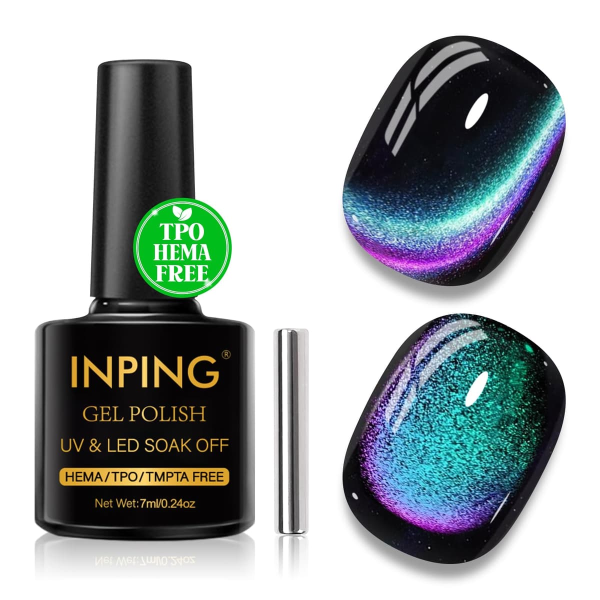 INPING Semi-Permanent Nail Polish, TPO-FREE HEMA-FREE, Aurora Cat's Eye Semi-Permanent Nail Polish with Magnet, UV LED Gel Nail Polis for Women Manicure Salon, 7 ml