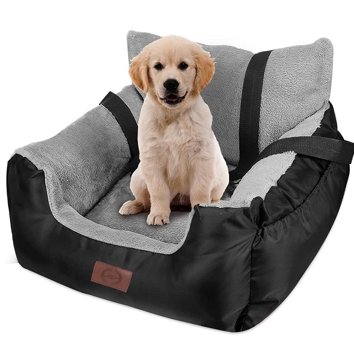 GoFirst Dog Car Seats for Small Dogs or Cats, Pet Booster Seat Travel Bed with Storage Pocket and Clip-On Safety Leash, Waterproof Warm Plush Dog Car Safety Seats,Black