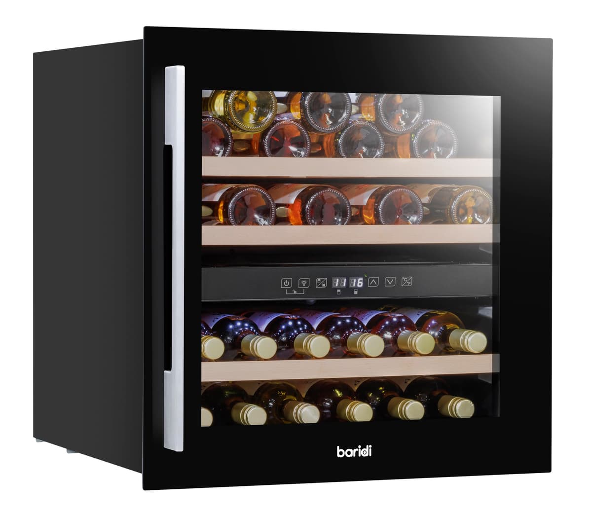 Dellonda Baridi 60cm Built-In 36 Bottle Wine Cooler with Beech Wood Shelves and Internal LED Light, Black - DH117
