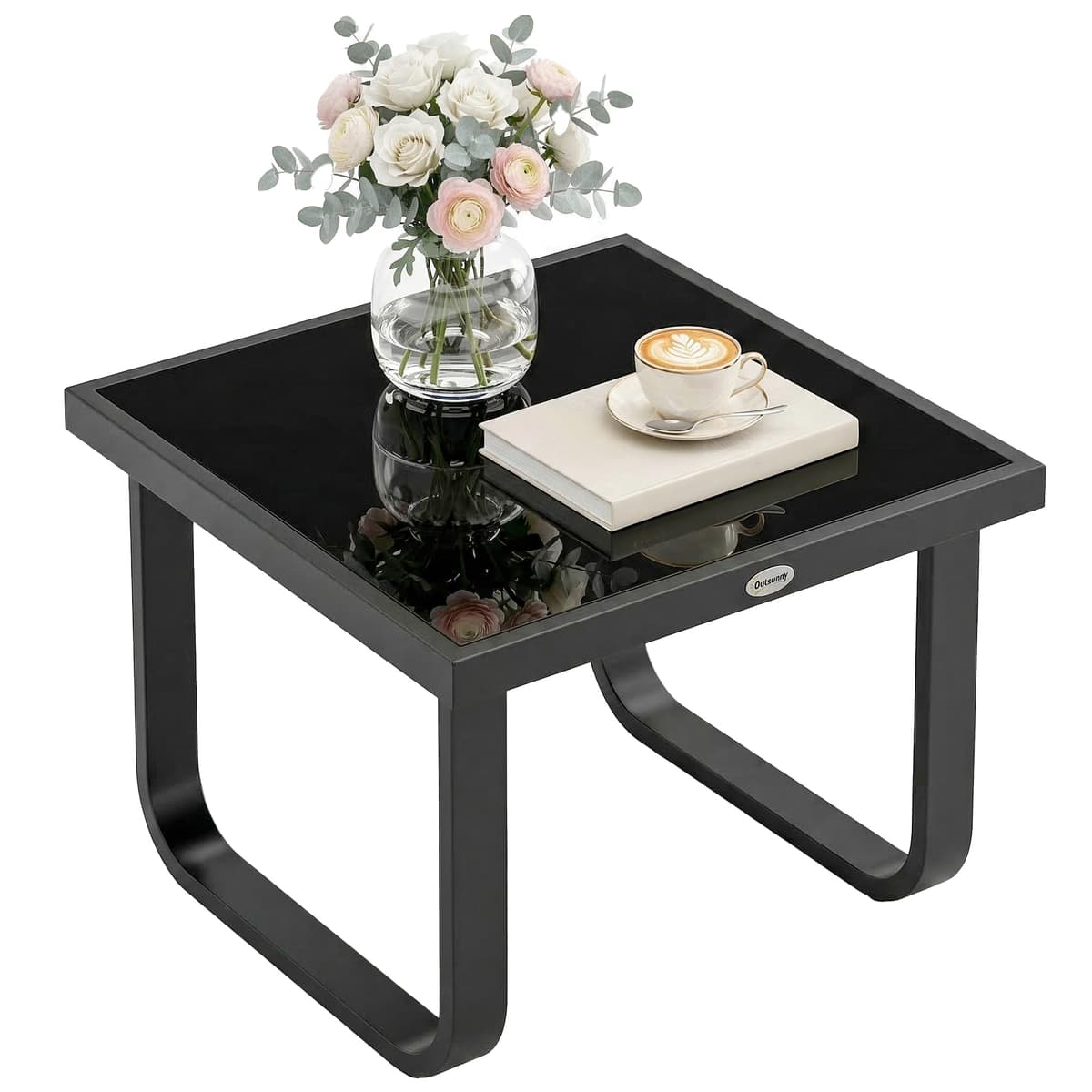 Outsunny Metal Garden Coffee Table, Outdoor Rectangle Side Table with Tempered Glass Tabletop and Adjustable Foot Pads for Terrace, Balcony, Patio, 45 x 45 x 33 cm, Black