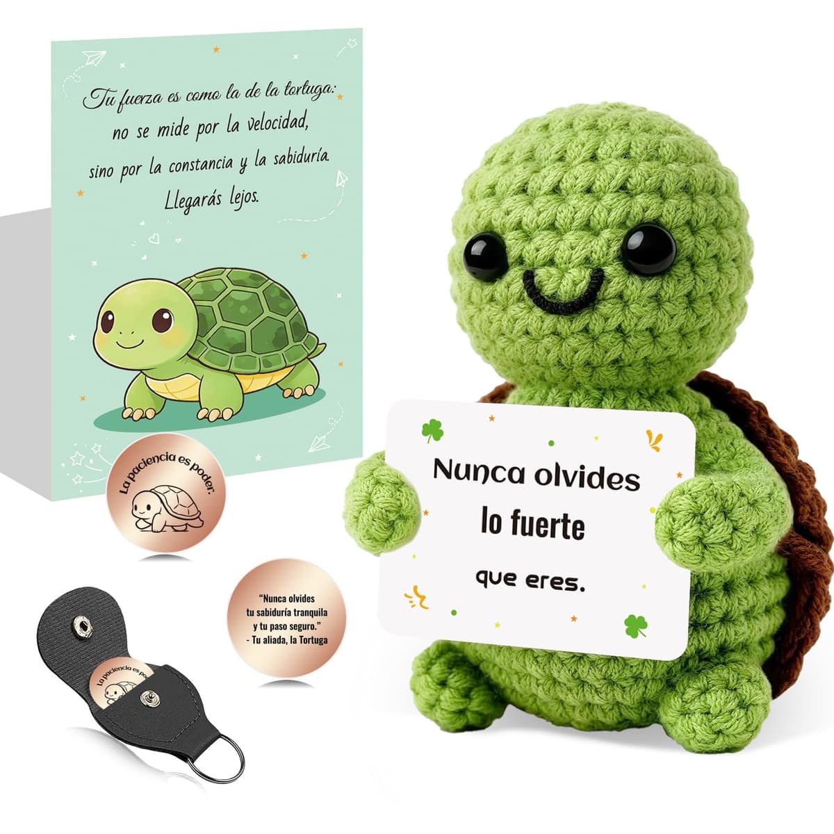 Tortuga Amigurumi Hecha a Mano con Frases Inspiradoras en Español - Peluche Motivacional con Llavero - Regalo Original para Amiga, Novia, Comunión, Cumpleaños o Mujeres -Paciencia y Fuerza (TORTUGA)